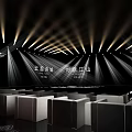 Spacious Contemporary Event Venue With Illuminated Stage Arranged Seats And Cloud Theme Design