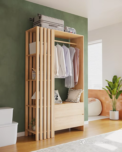 Natural Wooden Wardrobe With Hanging Clothes Drawers And Potted Plant By Green Wall White Blinds 3d model 