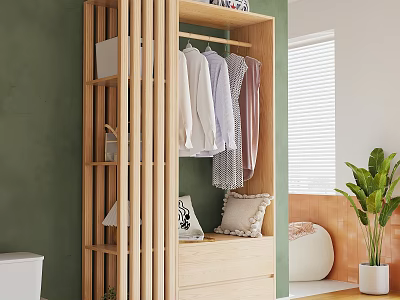 Natural Wooden Wardrobe With Hanging Clothes Drawers And Potted Plant By Green Wall White Blinds 3d model