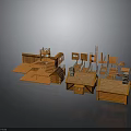 Orange Wooden Architectural Model Components With Small Houses Stairs And Platforms