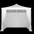 White Decorative Tent With Scalloped Top And Hanging Curtains With Golden Ties