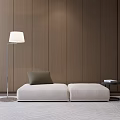 Beige Lazy Sofa with Floor Lamp Wooden Wall and Side Table on Rug