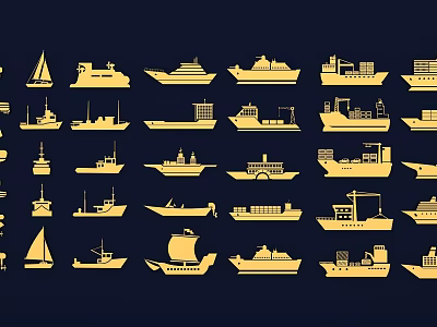Various Types of Yellow Ship Silhouettes on Dark Blue Background 3d model