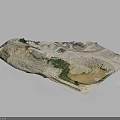 Detailed Mountainous Terrain Model Featuring Rocky Landforms and Green Vegetation Areas