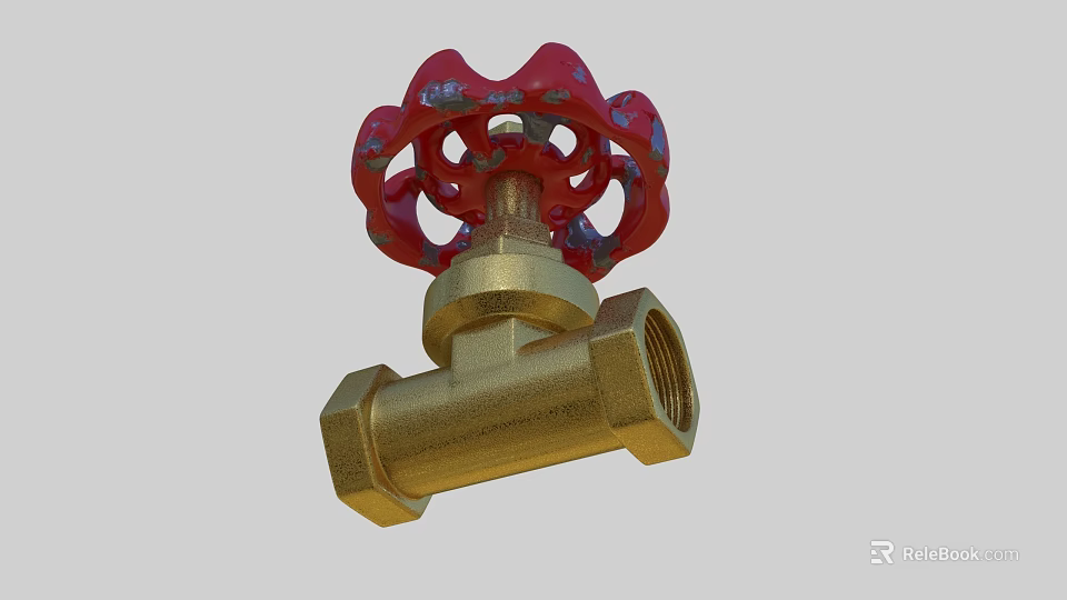 Brass Water Faucet With Red Ornate Handle And Classic Design 3d model 