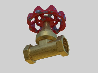 Brass Water Faucet With Red Ornate Handle And Classic Design 3d model