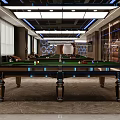 Modern Billiard Room Interior Design With Multiple Tables Ceiling Lights And Wall Decor 3d model