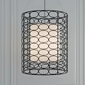 Cylindrical Chandelier With Black Metal Frame Circular Cutouts And Beige Lampshade