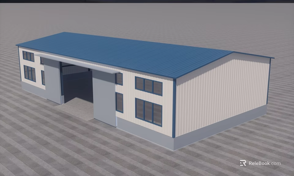 Industrial Workshop With Blue Roof White Walls Windows And Large Door 3d model 