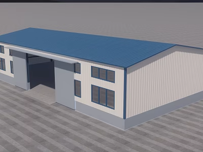 Industrial Workshop With Blue Roof White Walls Windows And Large Door 3d model