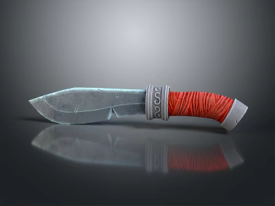 Silver Blade Tactical Weapon Knife With Red Wrapped Handle And SOCA Mark On Black Reflective Surface 3d model