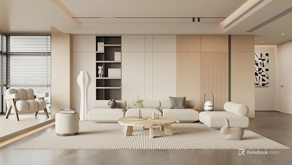 Modern Living Room Interior With Sectional Sofa Wooden Coffee Table Woven Rug And Floating Bookshelf 3d model 