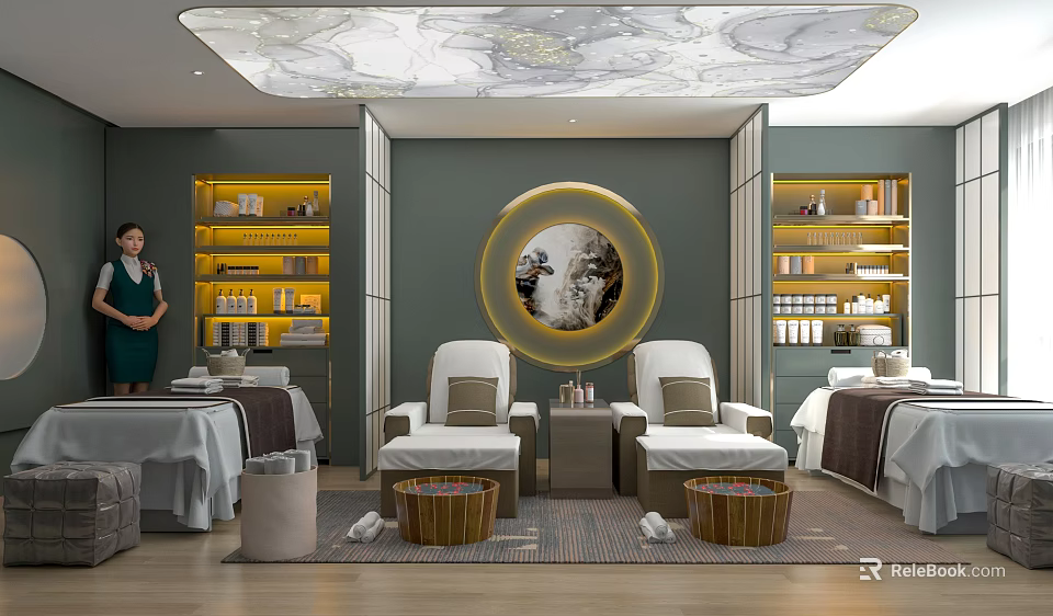 Luxury SPA Relaxation Space With Massage Beds Comfort Chairs Decorative Mirror And Illuminated Shelves 3d model 