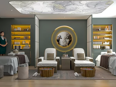 Luxury SPA Relaxation Space With Massage Beds Comfort Chairs Decorative Mirror And Illuminated Shelves 3d model