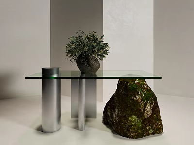 Modern Console Table With Glass Top Metal Legs And Mossy Stone Potted Plant Decor 3d model