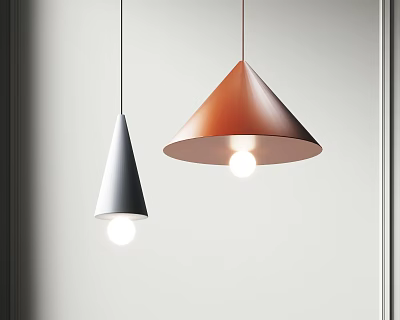 Modern Silver And Copper Conical Pendant Lights Hanging In Bright Interior 3d model