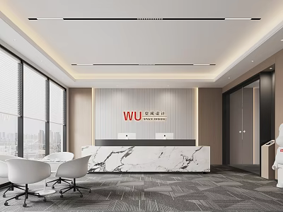 Modern Office Reception Desk With Marble Counter And WU Logo White Chairs Design 3d model