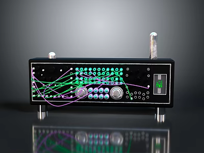 Black Electronic Audio Amplifier With Knobs Buttons Green Indicator Lights Circuit Patterns And Antenna 3d model