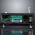 Black Electronic Audio Amplifier With Knobs Buttons Green Indicator Lights Circuit Patterns And Antenna