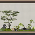Lush Indoor Landscape With Green Trees Ferns Rocks Moon Decoration And Soft Lighting