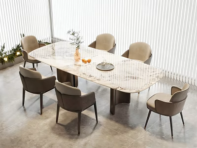 Elegant Marble Dining Table Set With Six Gray Chairs And Decorative Vase In Bright Room 3d model