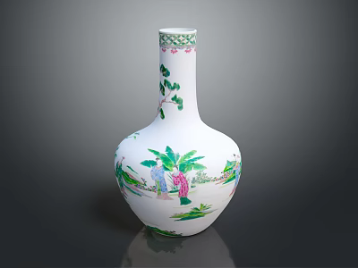 White Decorative Vase With Hand Painted Figures And Green Plant Patterns 3d model