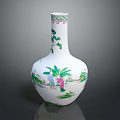 White Decorative Vase With Hand Painted Figures And Green Plant Patterns 3d model