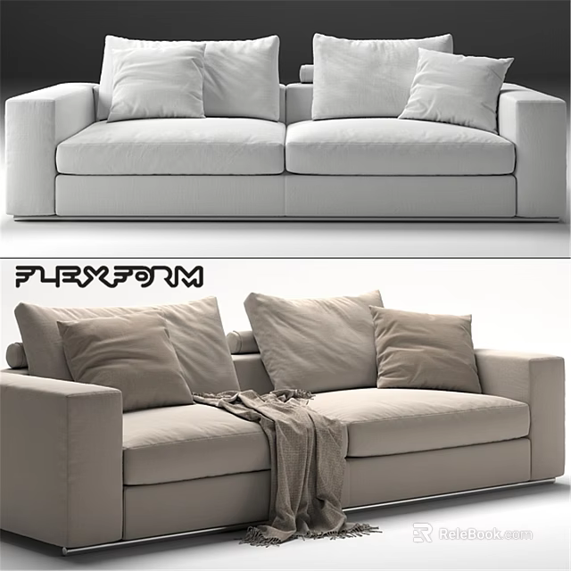 Modern Minimalist Two Seater Sofa With Neutral Tone Plush Pillows And Cozy Throw Blanket 3d model 