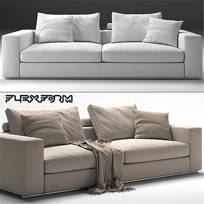 Modern Minimalist Two Seater Sofa With Neutral Tone Plush Pillows And Cozy Throw Blanket 3d model