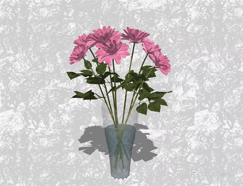 Pink Flowers In Glass Vase With Green Leaves On Gray Textured Background 3d model 