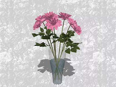 Pink Flowers In Glass Vase With Green Leaves On Gray Textured Background 3d model