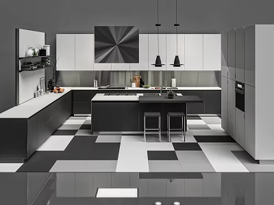 Modern Kitchen Interior With White Black Cabinets Island Pendant Lights And Checkerboard Flooring 3d model