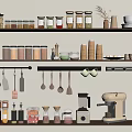 Organized Kitchenware On Shelves With Hanging Utensils Jars Mugs Bowls Coffee Maker And Grinder