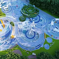 Outdoor Children's Playground Design With Lush Greenery Circular Structures And Interactive Paths