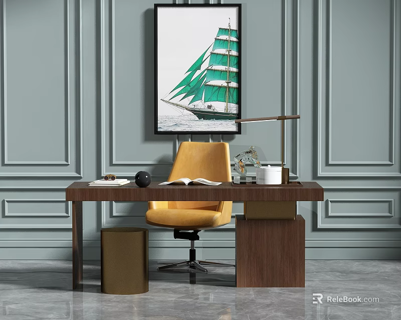 Elegant Wooden Desk With Yellow Chair Sailing Ship Painting And Table Lamp 3d model 