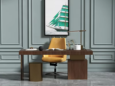 Elegant Wooden Desk With Yellow Chair Sailing Ship Painting And Table Lamp 3d model