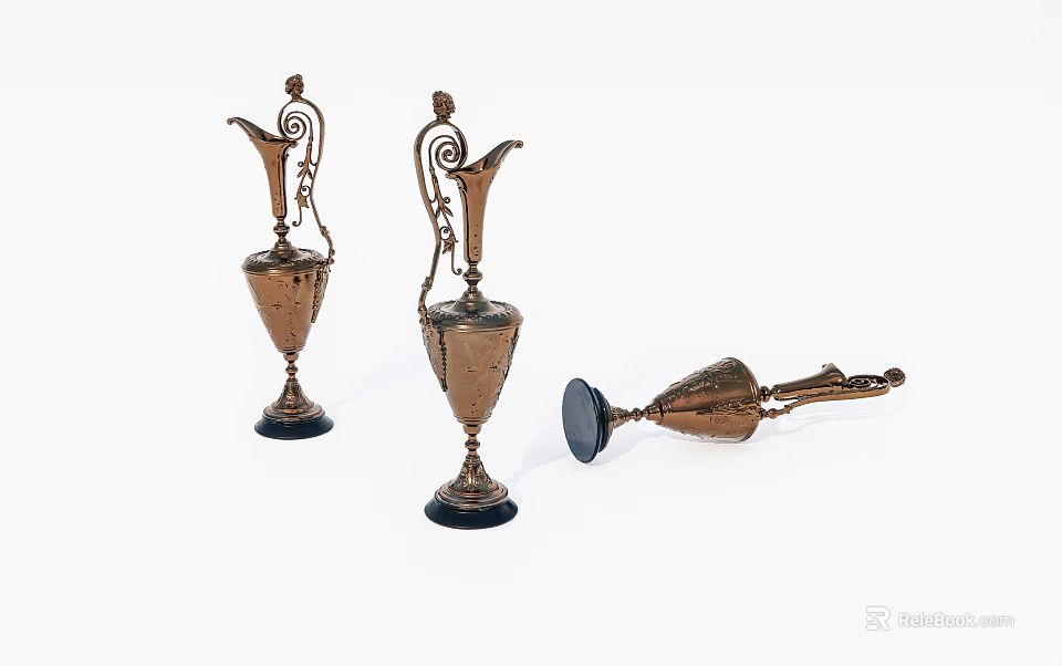 Vintage Brass Decorative Ornament Set With Spiral Design And Black Base 3d model 