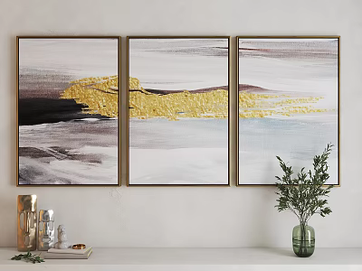 Abstract Triptych Wall Art With Gold Brushstrokes And Modern Interior Decor Frames 3d model