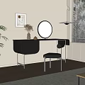 Modern Black Dressing Table with Circular Mirror Stool Wall Art and Potted Plant 3d model