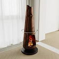 Modern Brown Leather Tall Fireplace With Silver Ring Black Base Burning Fire In Interior 3d model