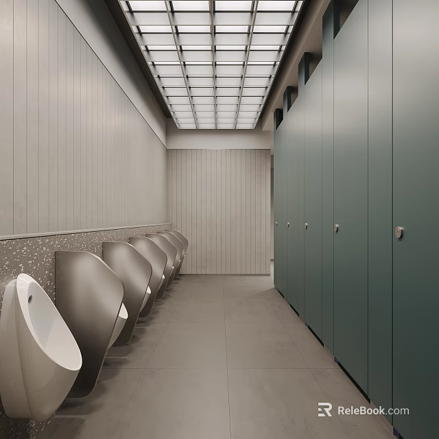 Modern Minimalist Public Male Toilet Interior With Tidy Urinals And Sleek Dark Green Partition Stalls 3d model 