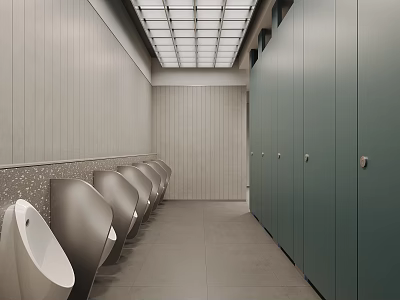 Modern Minimalist Public Male Toilet Interior With Tidy Urinals And Sleek Dark Green Partition Stalls 3d model