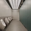 Modern Minimalist Public Male Toilet Interior With Tidy Urinals And Sleek Dark Green Partition Stalls