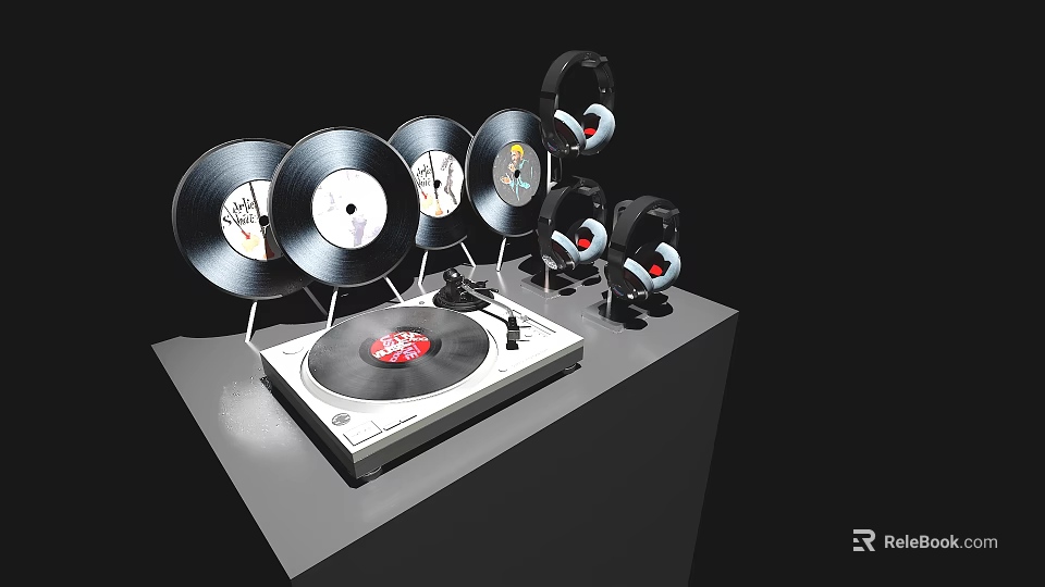 Art Installation Displaying Multiple Vinyl Records Turntable and Headphones on Platform 3d model 