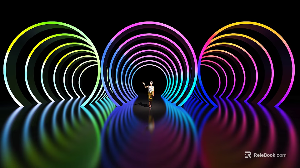 Colorful LED Ring Decorated Display Shelves With Tunnel Design Person Standing By Reflective Floor 3d model 