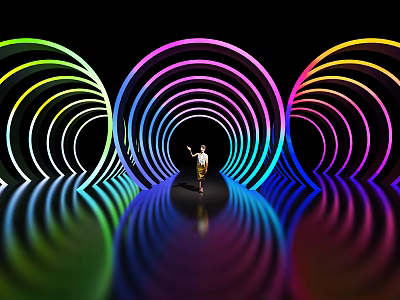 Colorful LED Ring Decorated Display Shelves With Tunnel Design Person Standing By Reflective Floor 3d model