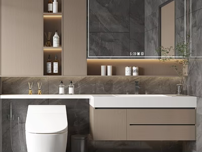 Modern Bathroom Cabinet With Wooden Design Mirror Above Marble Backsplash And Storage Shelves 3d model