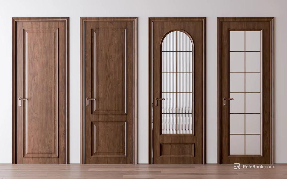 Brown Wooden Hinged Doors with Various Designs Including Paneled Arched and Square Glass Panels 3d model 
