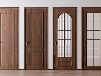Brown Wooden Hinged Doors with Various Designs Including Paneled Arched and Square Glass Panels 3d model