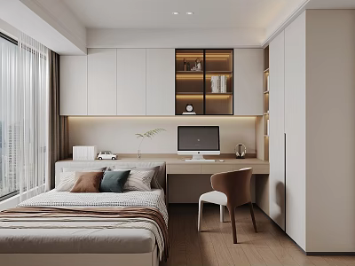 Modern Tatami Bedroom Interior Design With Bed Desk Chair And Storage Cabinets 3d model